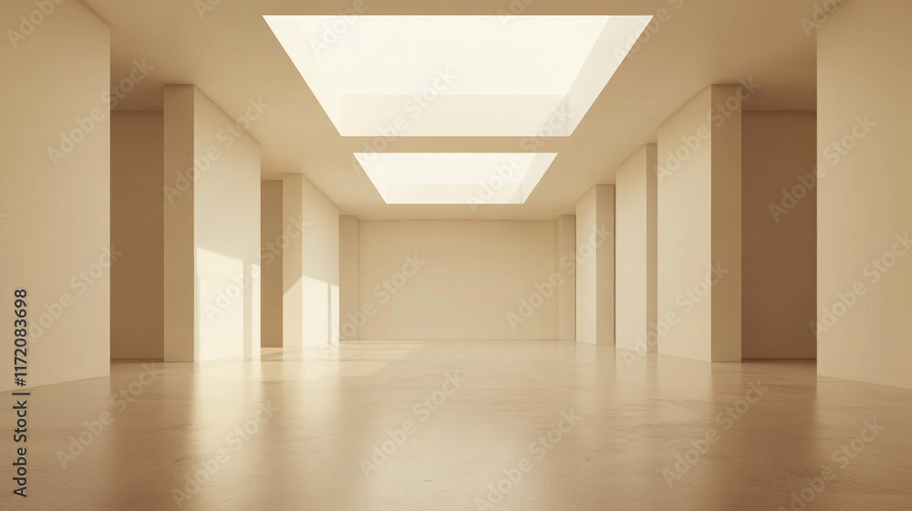 spacious architectural interior with large skylights, minimalistic design, and soft natural light creating serene atmosphere. Ideal for modern living or office spaces spacious architectural interior with large skylights, minimalistic design, and soft natural light creating serene atmosphere. Ideal for modern living or office spaces