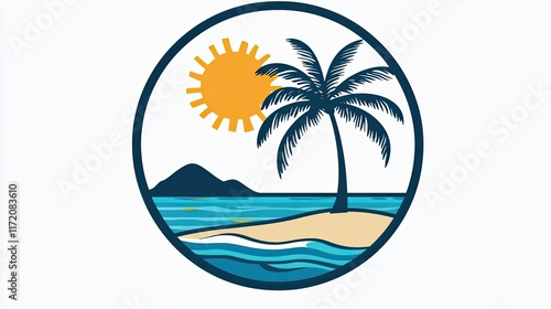 A stylized beach scene featuring a palm tree, sun, and waves, evoking relaxation and travel.