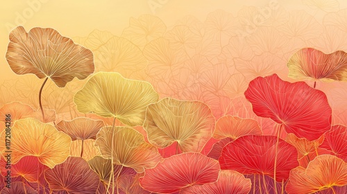 Hand-illustrated gold lotus leaves layered over a gradient sunset-colored background 