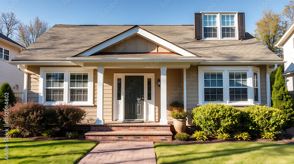 Fototapeta premium Beige Suburban House with Landscaping