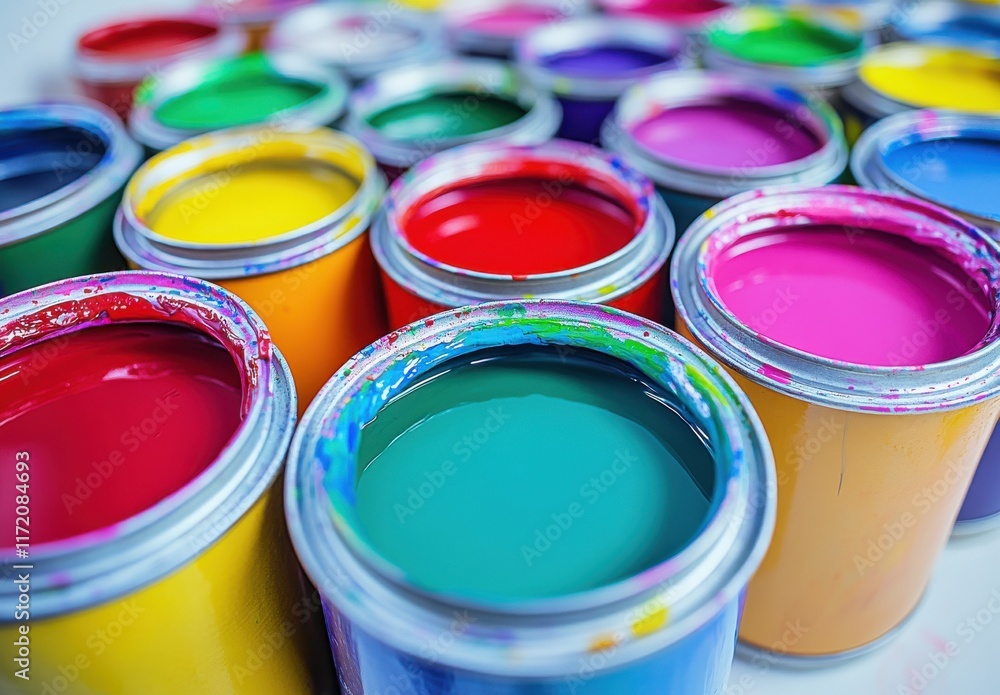 Fototapeta premium Colorful paint cans, each with different colors inside