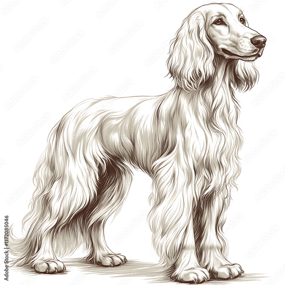 A Detailed Pen and Ink Drawing of an Afghan Hound Standing Profile. A Detailed Pen and Ink Drawing of an Afghan Hound Standing Profile.