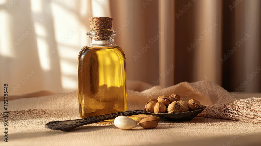 The cosmetics in the bottle are made from plant nuts The cosmetics in the bottle are made from plant nuts