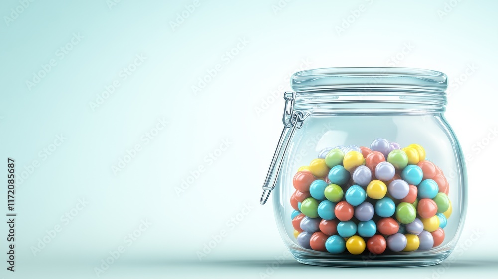 Elegant jar filled with colorful candies, with a minimalistic label and small ribbon Elegant jar filled with colorful candies, with a minimalistic label and small ribbon