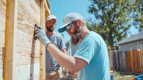 Wallpaper Mural Community members fixing old garden shed, showcasing teamwork and craftsmanship under sunny sky. Their dedication is evident Torontodigital.ca