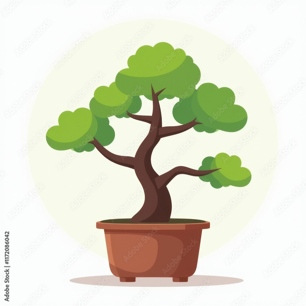 Obraz premium Cartoon Bonsai Tree in Pot, Nature Illustration - Minimalist design
