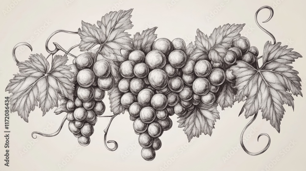 Obraz premium 28.Elegant vector illustration of a grape vine with lush clusters and curling tendrils, hand-drawn in a realistic style; each grape appears round and smooth, with fine lines and shading on the