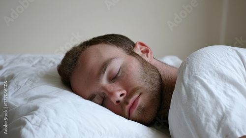 Sleeping man resting peacefully on white pillow in bright room. serene atmosphere enhances feeling of tranquility and relaxation photo