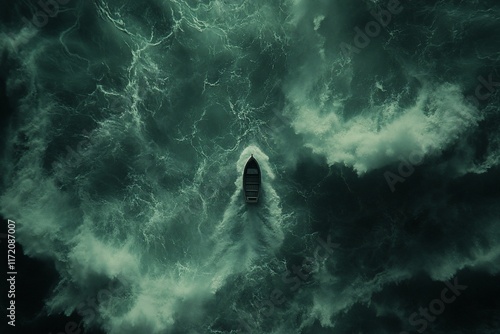 Small boat navigating rough, turbulent ocean waters.