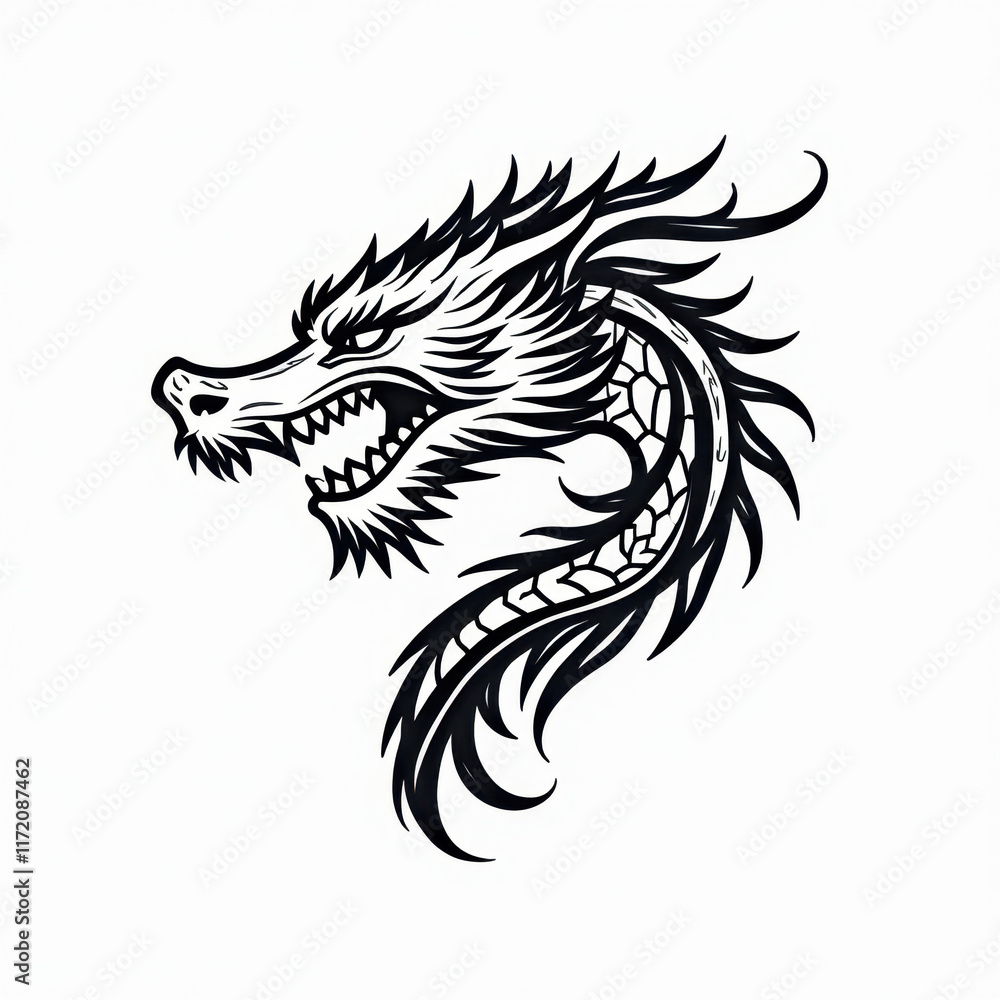 Fototapeta premium Fierce Dragon Head Tattoo Design, Ink Art - Bold line art