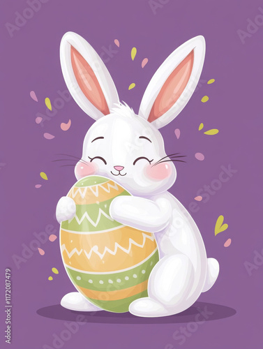 Vector flat colored cute simple cartoon Easter bunny hugging Easter egg isolated on purple background with hard edges, vector art style, white and green.  photo