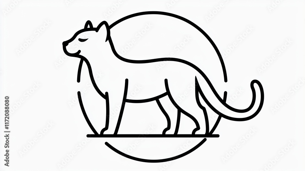 A minimalist line drawing of a cat standing gracefully within a circular design. A minimalist line drawing of a cat standing gracefully within a circular design.
