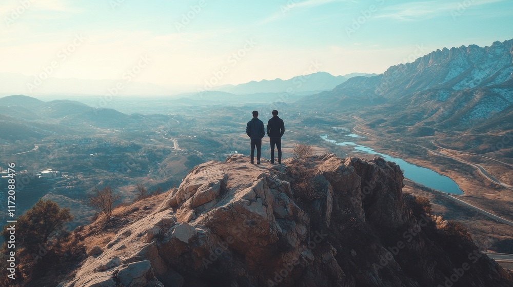 Fototapeta premium Two men standing on a mountain top, looking out over a valley