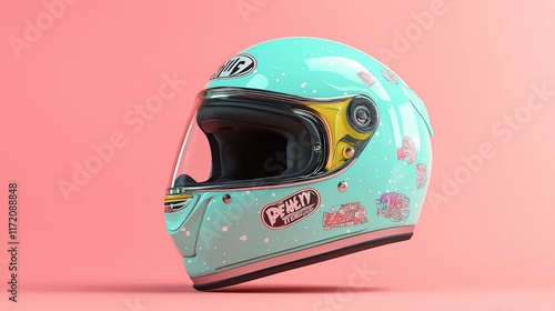 Stylish Mint Green Motorcycle Helmet with Stickers photo