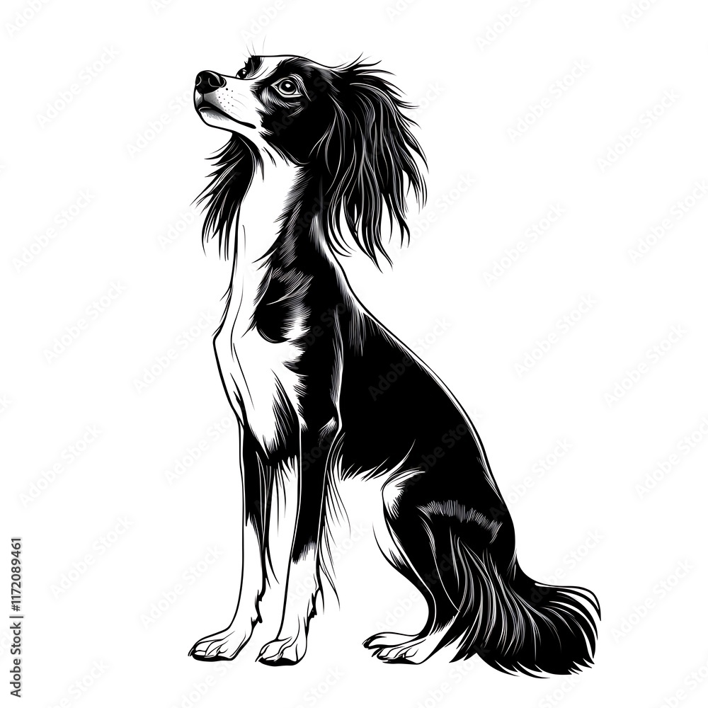 A striking black and white illustration of a long-haired dog sitting and looking upwards. A striking black and white illustration of a long-haired dog sitting and looking upwards.