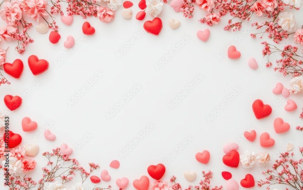 A romantic Valentine's Day backdrop featuring vibrant red and pink hearts alongside delicate flowers, perfect for expressing love and affection. A romantic Valentine's Day backdrop featuring vibrant red and pink hearts alongside delicate flowers, perfect for expressing love and affection.