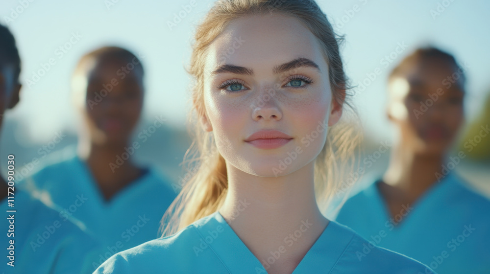 Nursing student in scrubs standing confidently with her team, showcasing teamwork and dedication in healthcare. Their expressions reflect determination and compassion Nursing student in scrubs standing confidently with her team, showcasing teamwork and dedication in healthcare. Their expressions reflect determination and compassion
