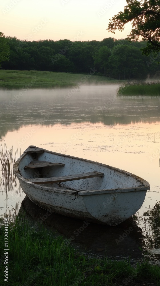 A tranquil lake at dawn, with mist rising from the water and a lone rowboat floating near the shore. The surrounding trees and hills are reflected perfectly in the mirror-like surface, creating A tranquil lake at dawn, with mist rising from the water and a lone rowboat floating near the shore. The surrounding trees and hills are reflected perfectly in the mirror-like surface, creating