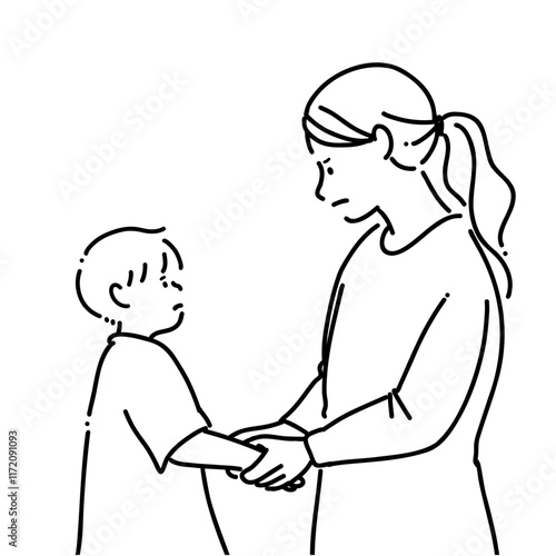 男の子の手を握って注意している女性＿白黒