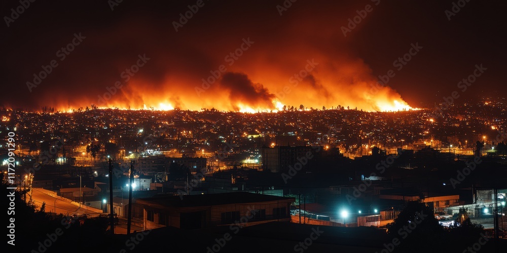 A fire is burning in the distance, and the sky is dark A fire is burning in the distance, and the sky is dark