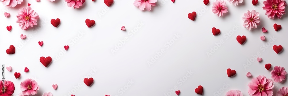 A serene composition featuring delicate flowers and vibrant hearts scattered artfully on a pristine white surface, perfect for Valentine's Day celebrations. A serene composition featuring delicate flowers and vibrant hearts scattered artfully on a pristine white surface, perfect for Valentine's Day celebrations.
