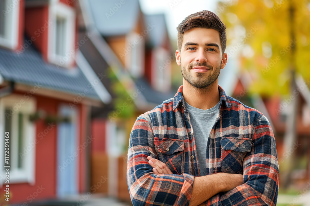 Young man smiling outdoors in suburban neighborhood during autumn Young man smiling outdoors in suburban neighborhood during autumn