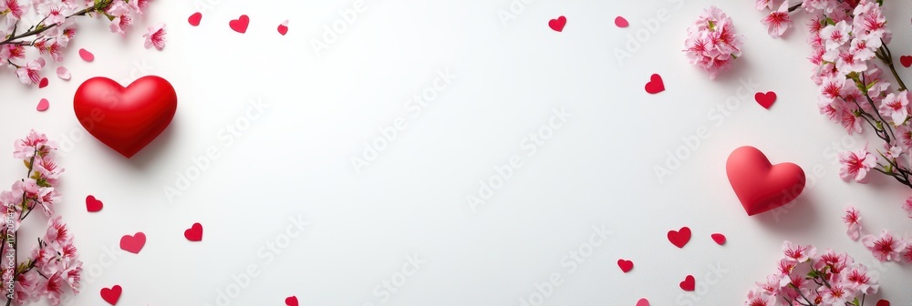 Two vibrant red hearts sit on a clean white background, surrounded by delicate pink flowers, symbolizing love and affection for Valentine's Day. Two vibrant red hearts sit on a clean white background, surrounded by delicate pink flowers, symbolizing love and affection for Valentine's Day.