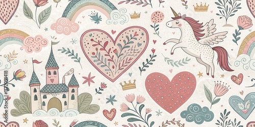 Whimsical unicorns and castles with hearts and rainbows in pastel cartoon art