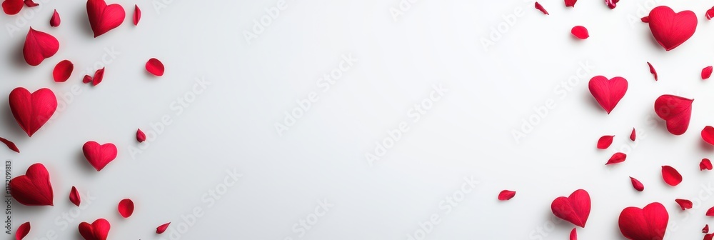 A collection of vibrant red hearts is artfully spread across a clean white background, embodying the essence of love and affection for Valentine's Day. A collection of vibrant red hearts is artfully spread across a clean white background, embodying the essence of love and affection for Valentine's Day.