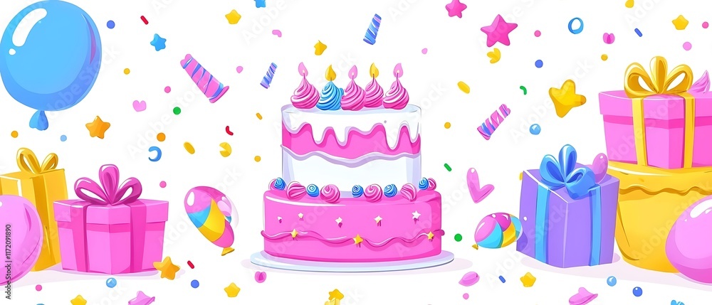 Festive birthday scene with cake, gifts, balloons and confetti. Festive birthday scene with cake, gifts, balloons and confetti.