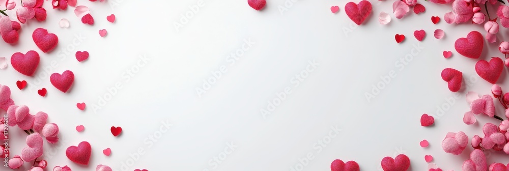 A myriad of pink hearts are delicately scattered across a clean white surface, creating a charming and romantic atmosphere perfect for Valentine's Day. A myriad of pink hearts are delicately scattered across a clean white surface, creating a charming and romantic atmosphere perfect for Valentine's Day.