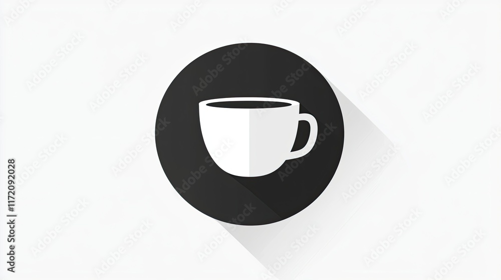 A minimalist graphic of a white coffee cup on a black circular background. A minimalist graphic of a white coffee cup on a black circular background.