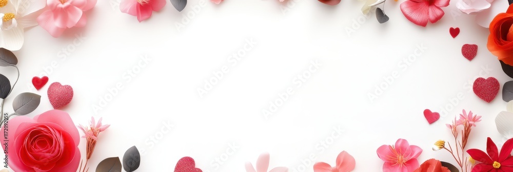 A square frame filled with vibrant flowers and lush leaves, set against a pristine white background, perfect for celebrating love on Valentine's Day. A square frame filled with vibrant flowers and lush leaves, set against a pristine white background, perfect for celebrating love on Valentine's Day.
