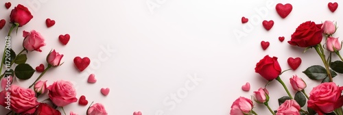 A delicate arrangement of roses and hearts on a pristine white surface, set against a soft pink background, perfect for Valentine's Day celebrations.