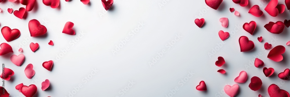 Scattered red hearts create a romantic ambiance on a clean white surface, perfect for celebrating love on Valentine's Day. Scattered red hearts create a romantic ambiance on a clean white surface, perfect for celebrating love on Valentine's Day.