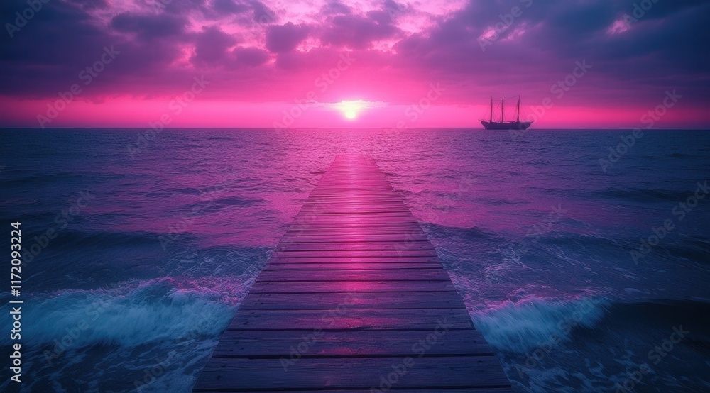 Fototapeta premium long wooden pier with ropes leading to the water, with an old sailing ship at its end against a pink and purple sky