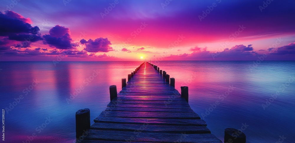 Fototapeta premium long wooden pier with ropes leading to the water, with an old sailing ship at its end against a pink and purple sky
