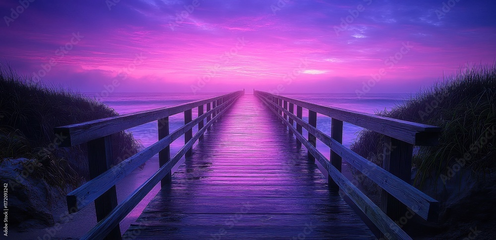 Obraz premium long wooden pier with ropes leading to the water, with an old sailing ship at its end against a pink and purple sky