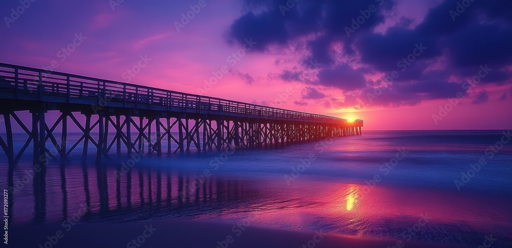 Fototapeta premium long wooden pier with ropes leading to the water, with an old sailing ship at its end against a pink and purple sky
