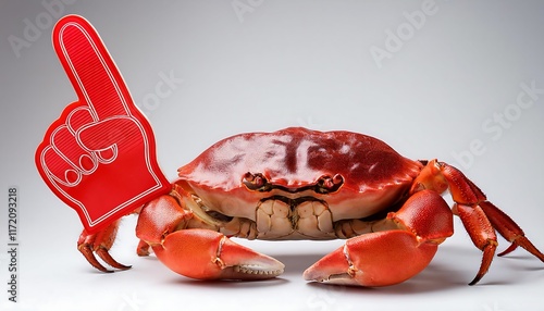 Cheerful Crab Snapping with a Foam Finger in Studio photo