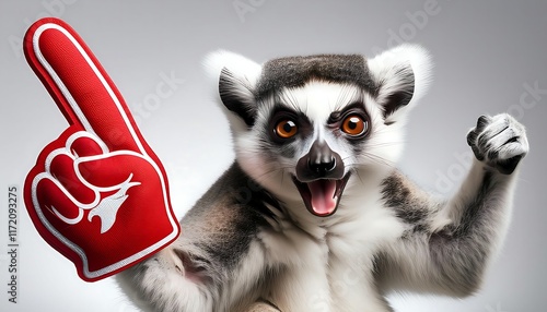 Cheering Lemur Holding Foam Finger in Studio photo