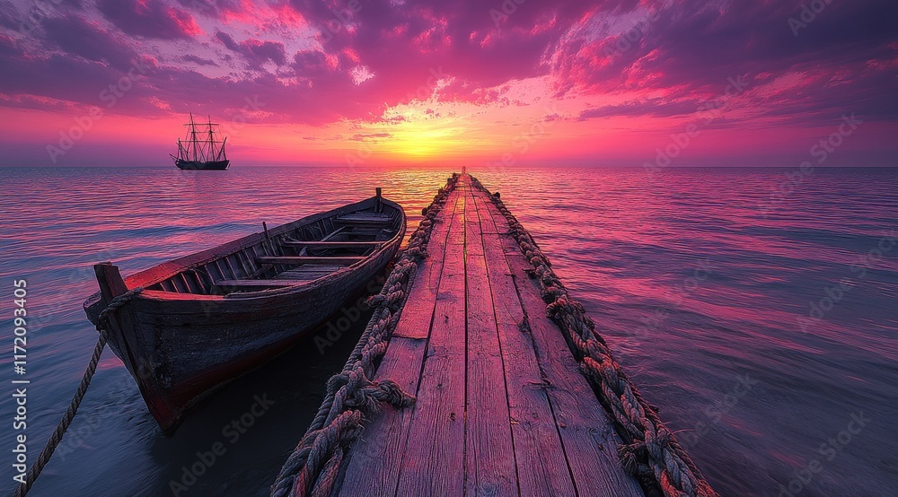 Fototapeta premium long wooden pier with ropes leading to the water, with an old sailing ship at its end against a pink and purple sky