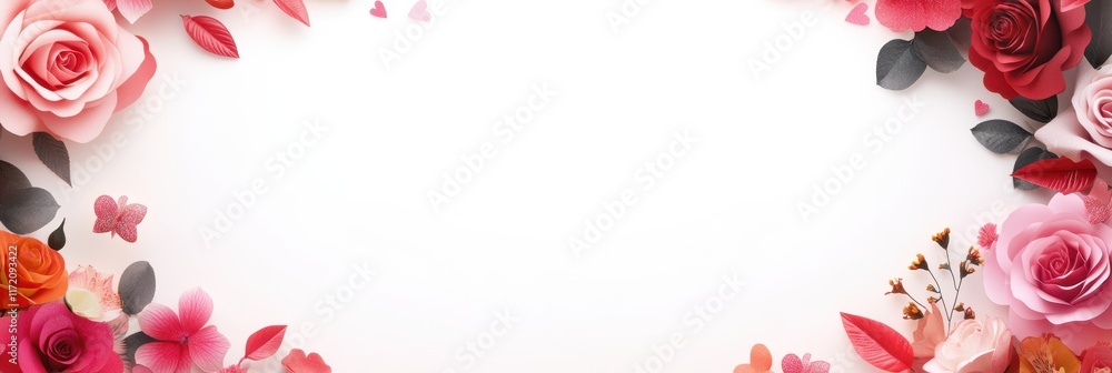 A delicate white background framed by a vibrant pink and red flower border, perfect for expressing love on Valentine's Day. A delicate white background framed by a vibrant pink and red flower border, perfect for expressing love on Valentine's Day.