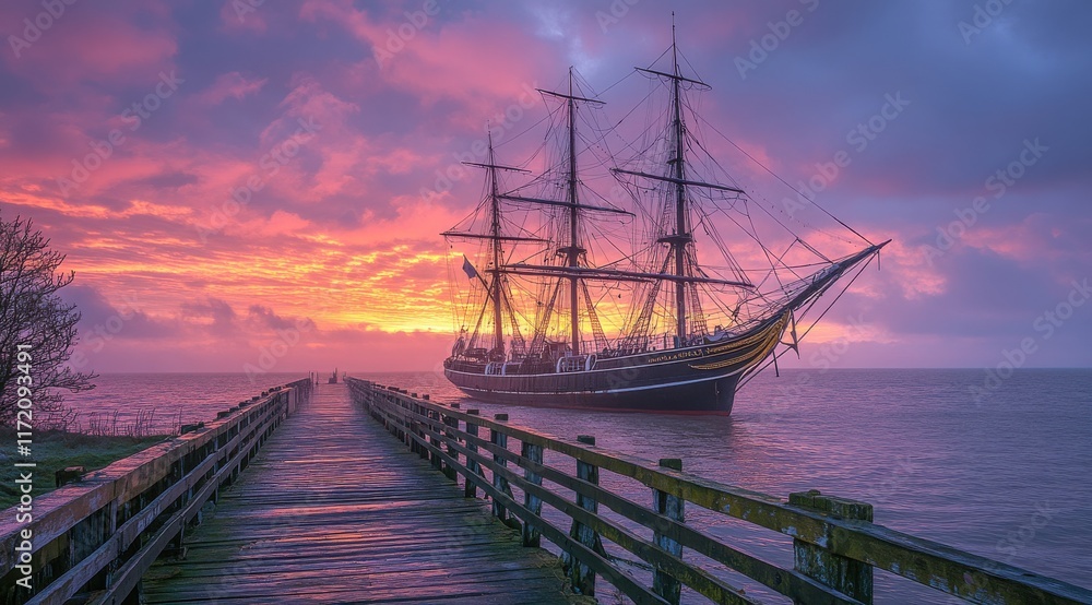 Fototapeta premium long wooden pier with ropes leading to the water, with an old sailing ship at its end against a pink and purple sky