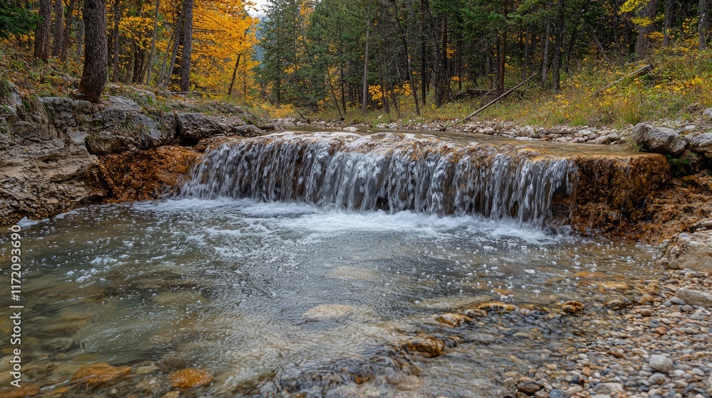 Serene autumnal creek cascading over rocks, surrounded by vibrant fall foliage and coniferous forest. Serene autumnal creek cascading over rocks, surrounded by vibrant fall foliage and coniferous forest.