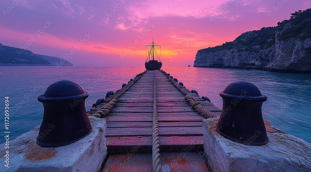 Obraz premium long wooden pier with ropes leading to the water, with an old sailing ship at its end against a pink and purple sky