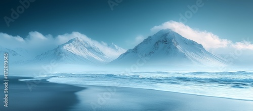 Wallpaper Mural Serene coastal mountainscape with snow-capped peaks and misty ocean waves. Torontodigital.ca