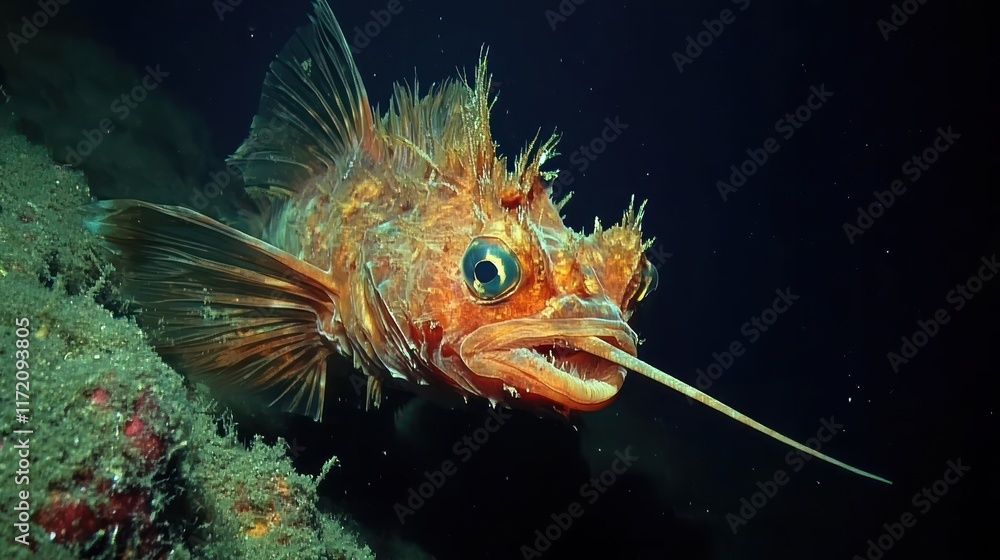 An underwater shot of a vibrant fish with spiky fins and a long protruding tongue. An underwater shot of a vibrant fish with spiky fins and a long protruding tongue.