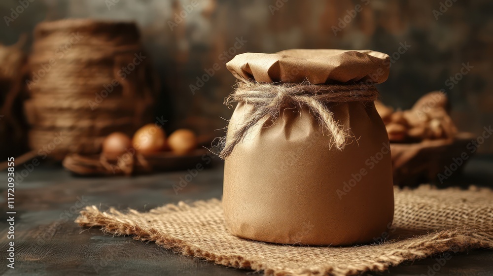 Rustic Jar Wrapped in Kraft Paper, on Burlap, with Twine and Nuts in Background Rustic Jar Wrapped in Kraft Paper, on Burlap, with Twine and Nuts in Background