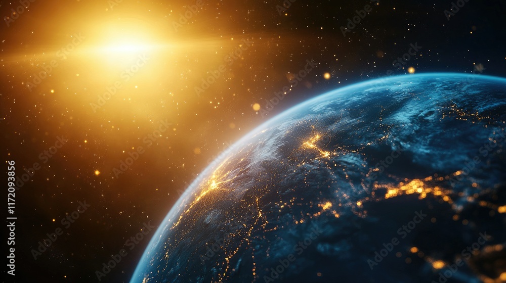 Fototapeta premium Close-up of Earth with magnetic field lines illustrated in blue, deflecting yellow solar flare particles in space